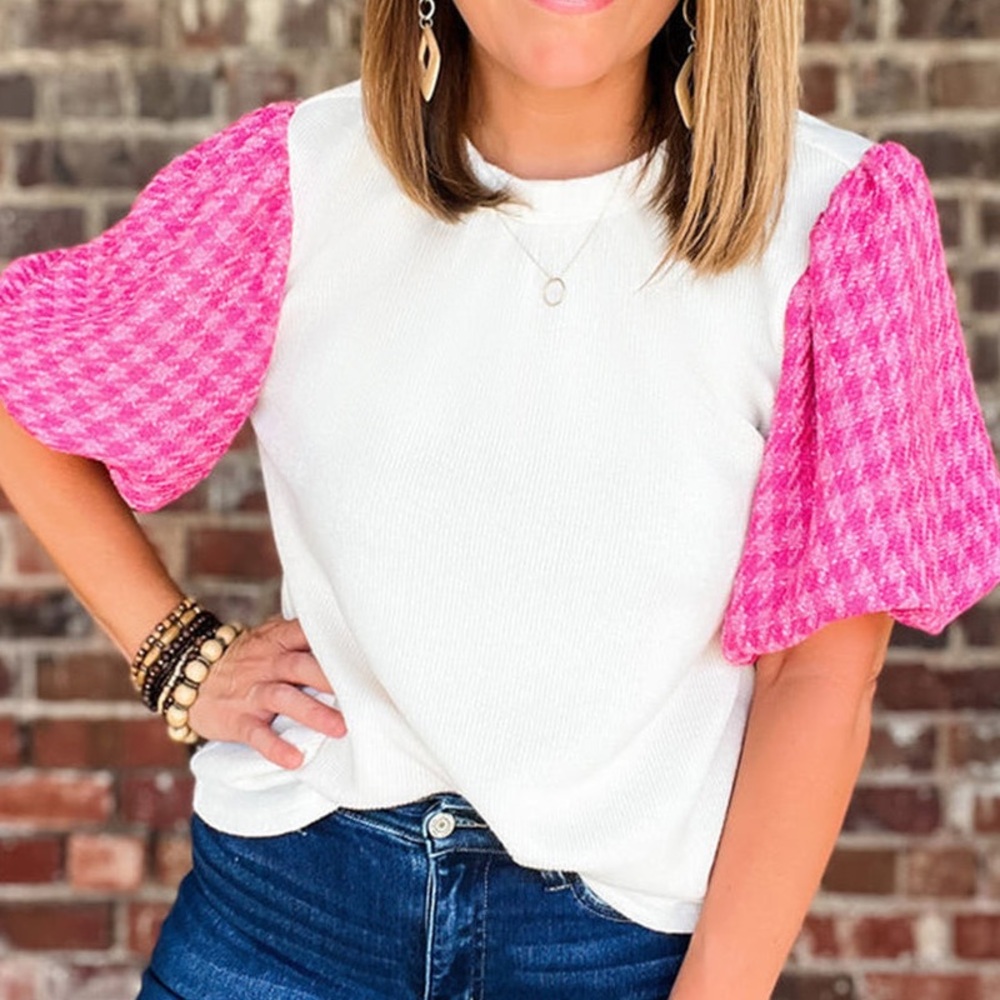 White Ribbed Top with Pink Puff Houndstooth Tweed Sleeves